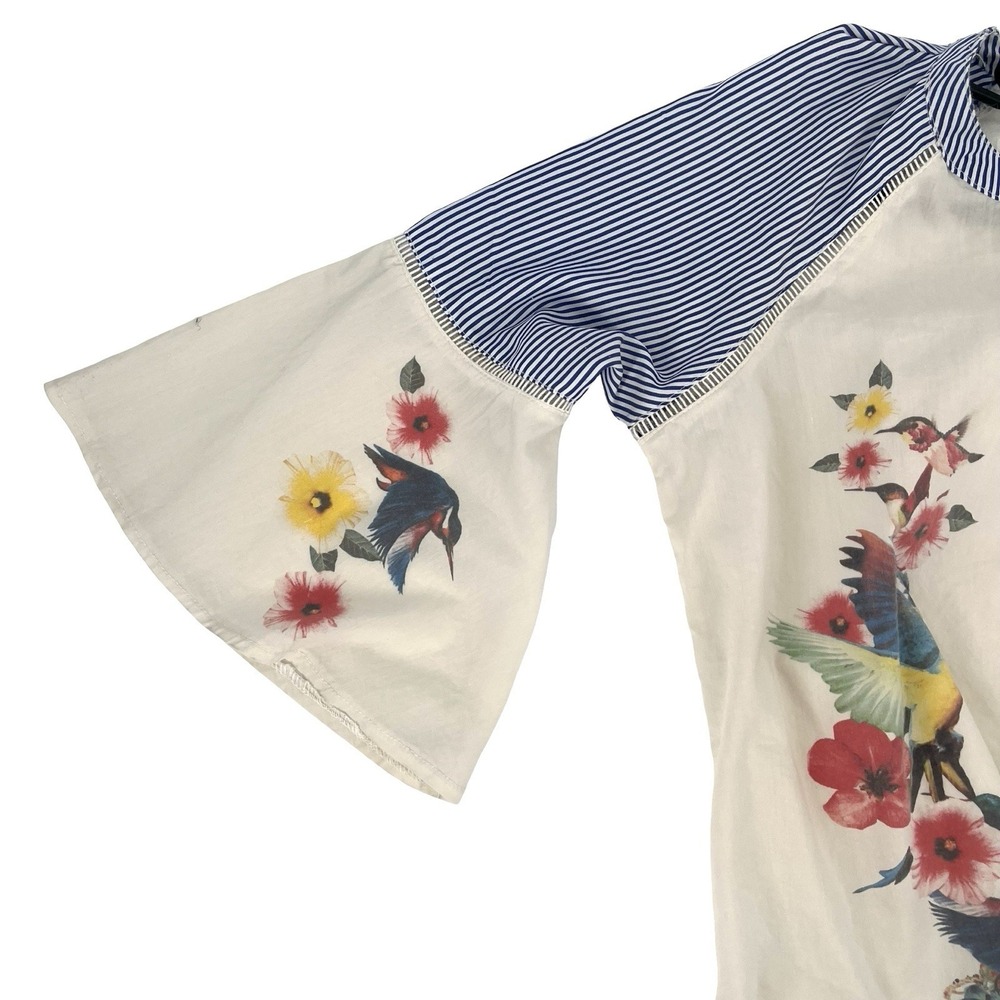 Pastel Women's Bird Floral Blouse Blue Stripe Bell Sleeve Boho Button Front Top - Picture 4 of 7